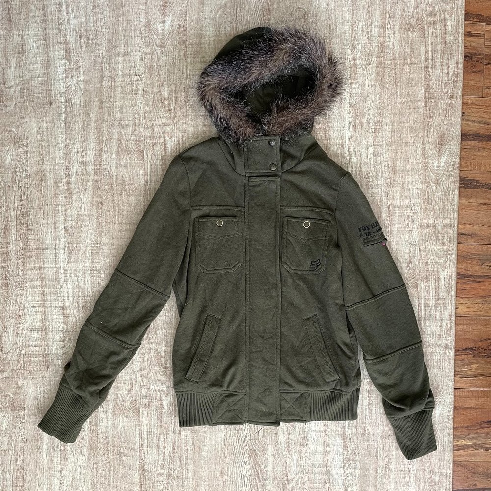 Fox Racing Riders Jacket Coat Fur Hood Vintage 2000's Army Green olive M Medium